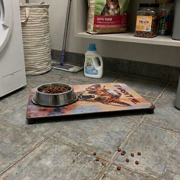 A VINTAGE STYLE METAL SIGN (REPRODUCTION) OF A  CHIHUAHUA DOG WITH AN UPTURNED BOWL OF SPAGHETTI ON ITS HEAD - SHOWN AS AS A MAT FOR A DOG FOOD BOWL IN A UTILITY ROOM
