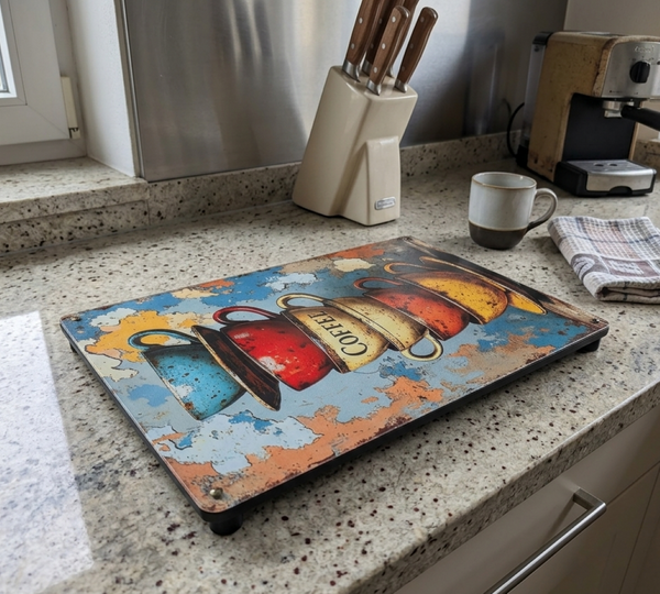 Vintage style metal sign with an image of colourful coffee cups on it, with rubber feet being used as a raised placemat in a kitchen setting