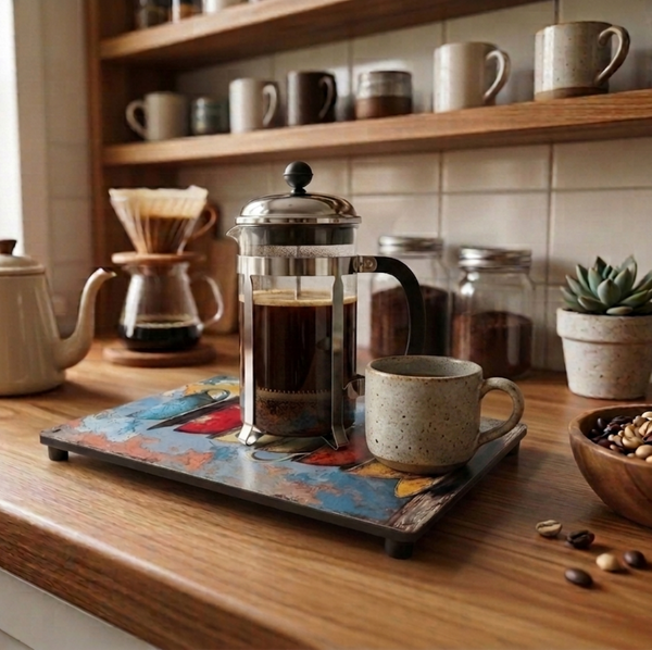 Vintage style metal sign with an image of colourful coffee cups on it, with rubber feet being used as a raised placemat for a cafetiere of coffee & a coffee cup on it