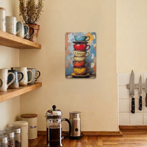 Vintage stye sign hanging on a cream coloured kitchen wall with an image of a stack of colourful coffee cups 