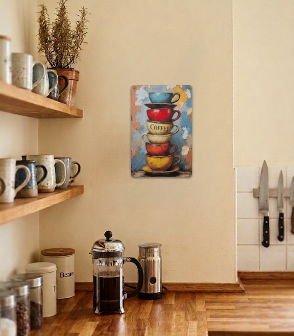 Vintage stye sign hanging on a cream coloured kitchen wall with an image of a stack of colourful coffee cups 