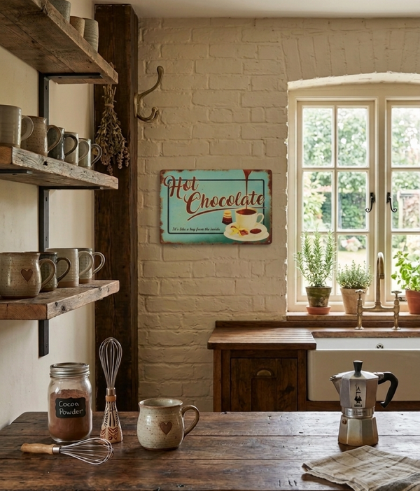 VINTAGE STYLE METAL SIGN (REPRODUCTION) HOT CHOCOLATE ON THE WALL OF A FARMHOUSE KITCHEN SETTING