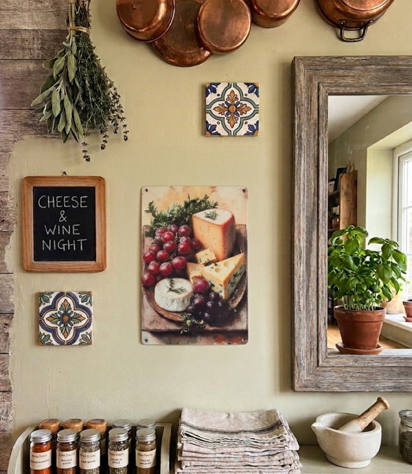 Vintage style metal wall art hanging on a kitchen wall with an image on it of a cheeseboard with cheeses selection & buncges of grapes & herbs