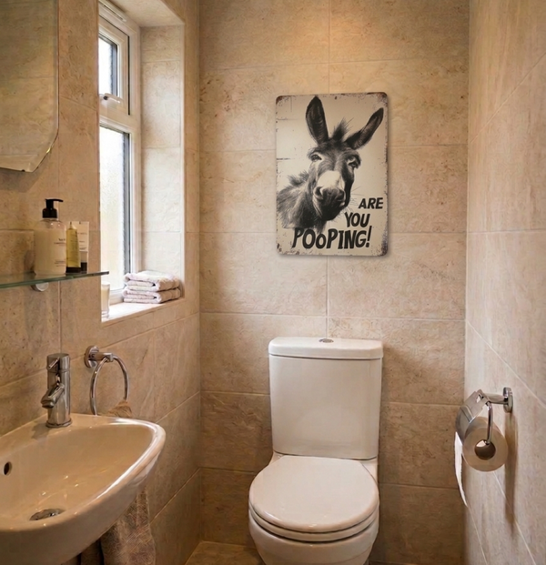 VNTAGE METAL SIGN WALL ART OF A DONKEY WITH THE TEXT  "ARE YOU POOPING" HANGING ON A BATHROOM WALL ABOVE A TOILET