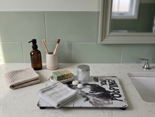 VNTAGE METAL SIGN WALL ART OF A DONKEY WITH THE TEXT  "ARE YOU POOPING" BEING USED AS A DISPLAY MAT FOR BATHROOM ITEMS eg. A FLANNEL & SOAP, IN A BATHROOM BESIDE THE SINK