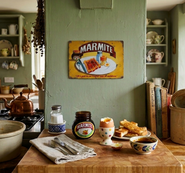 Kitchen counter with Marmite jar, eggs, toast, and a Marmite sign on the wall.