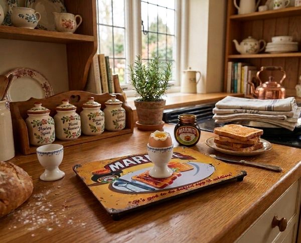Kitchen counter with a plate of toast, an open jar of Marmite and the vintage style metal sign placemat with a boiled egg & egg cup on it
