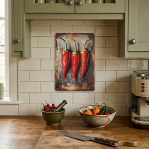 VINTAGE STYLE METAL SIGN WALL ART IN A KITCHEN SETTING WITH THE IMAGE OF THREE CHILLIS ON IT