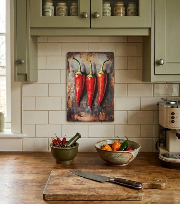 VINTAGE STYLE METAL SIGN WALL ART IN A KITCHEN SETTING WITH THE IMAGE OF THREE CHILLIS ON IT
