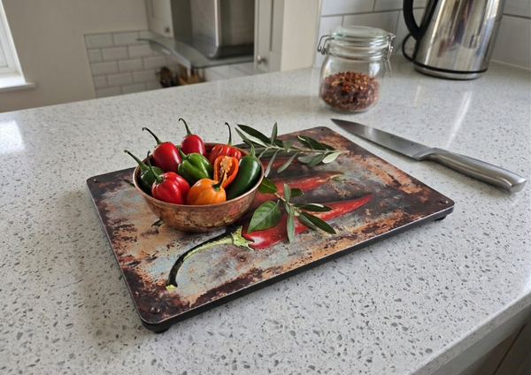 VINTAGE STYLE METAL PLACEMAT IN A KITCHEN SETTING WITH THE IMAGE OF THREE CHILLIS ON IT & A BOWL OF REAL CHILLIS & LEAVES ON TOP OF IT