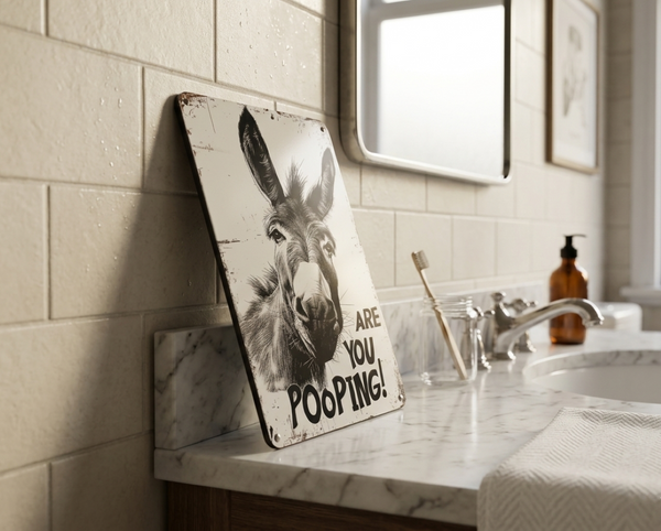 VNTAGE METAL SIGN WALL ART OF A DONKEY WITH THE TEXT  "ARE YOU POOPING" LEANING AGAINST A BATHROOM WALL BESIDE THE SINK