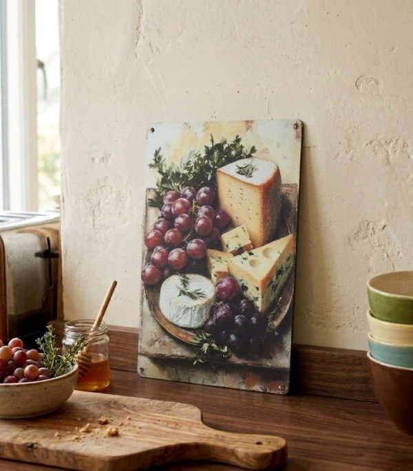 Decorative metal sign with cheese and grapes leaning against the wall on a kitchen counter.