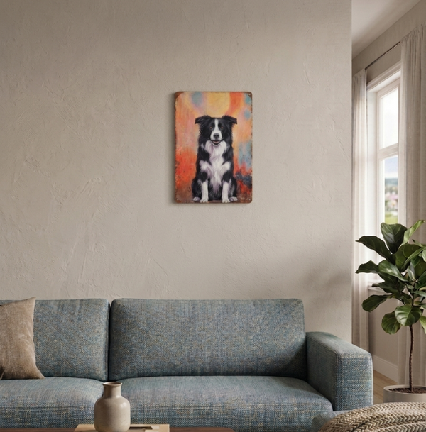 Vintage style metal sign hanging on a living-room wall above a sofa with a picture on it of a Border Collie in a sitting pose