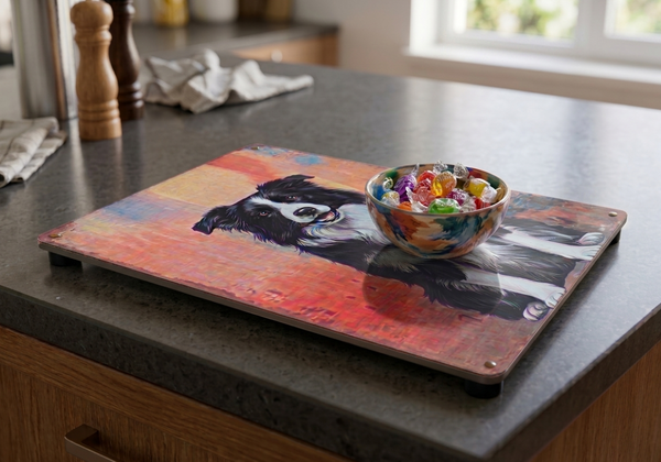 a Vintage style metal sign used as a display plinth, with an image on it of a Border Collie in a sitting pose. This plinth has a small colourful bowl of wrapped boiled sweets on top of it.