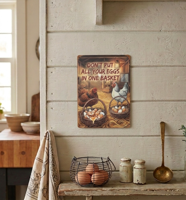 VINTAGE STYLE METAL SIGN (REPRODUCTION) DON'T PUT ALL YOUR EGGS IN ONE BASKET