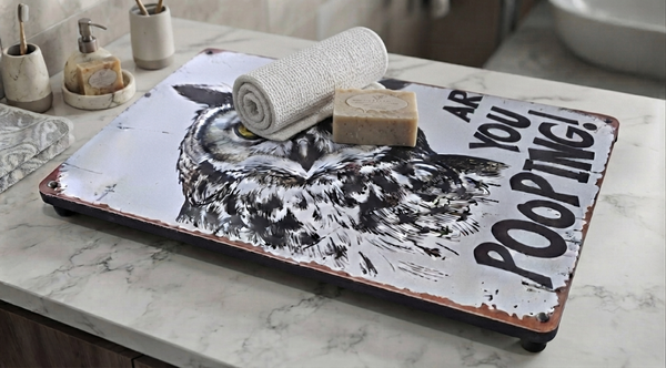 Vintage style metal sign (repro) with rubber feet attached to the back for use as a display plinth within a bathroom showing a bar of soap & a rolled up flannel on top of it