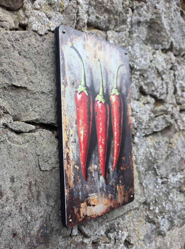 VINTAGE STYLE METAL SIGN WALL ART - SIDE ANGLE-  HANGING ON A BRICK WALL WITH THE IMAGE OF THREE CHILLIS ON IT