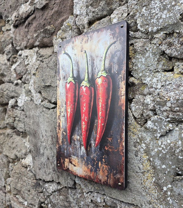 VINTAGE STYLE METAL SIGN WALL ART - OTHER SIDE ANGLE- HANGING ON A BRICK WALL WITH THE IMAGE OF THREE CHILLIS ON IT