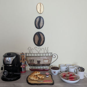 Coffee Bean Wall Art (Set of 3) including a Gold coffee bean - Ash wood Yakisugi Style displayed on wall in Coffee Shop setting