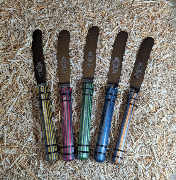 BUTTER KNIFE WITH HAND-TURNED QUALITY COLOURED BIRCH PLYWOOD HANDLE