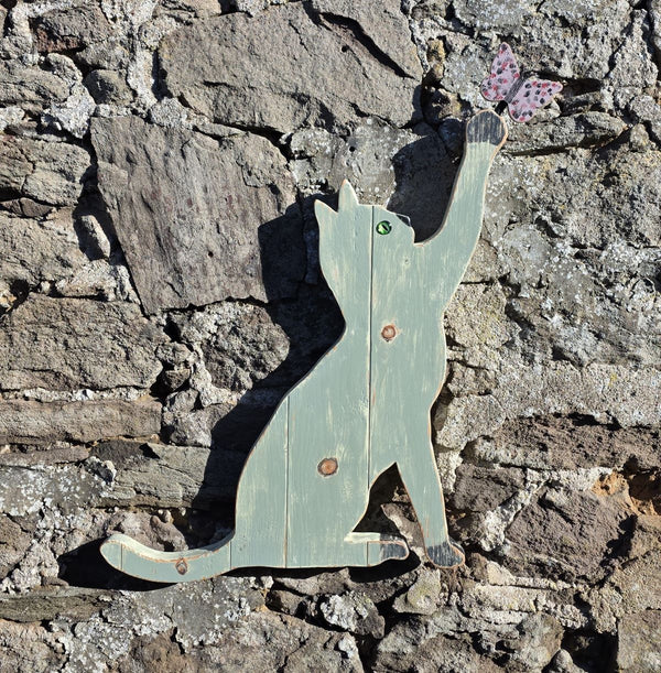 PLAYFUL CAT WITH BUTTERFLY - WOODEN WALL ART