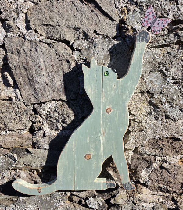 PLAYFUL CAT WITH BUTTERFLY - WOODEN WALL ART