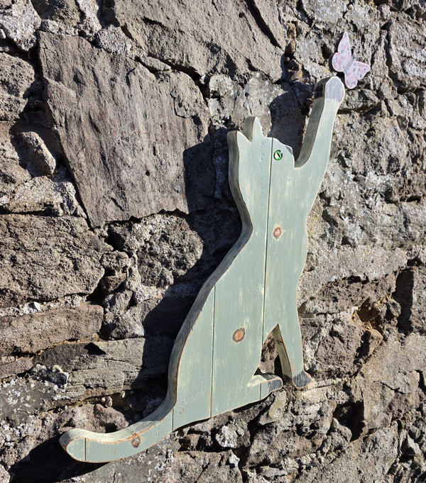 PLAYFUL CAT WITH BUTTERFLY - WOODEN WALL ART