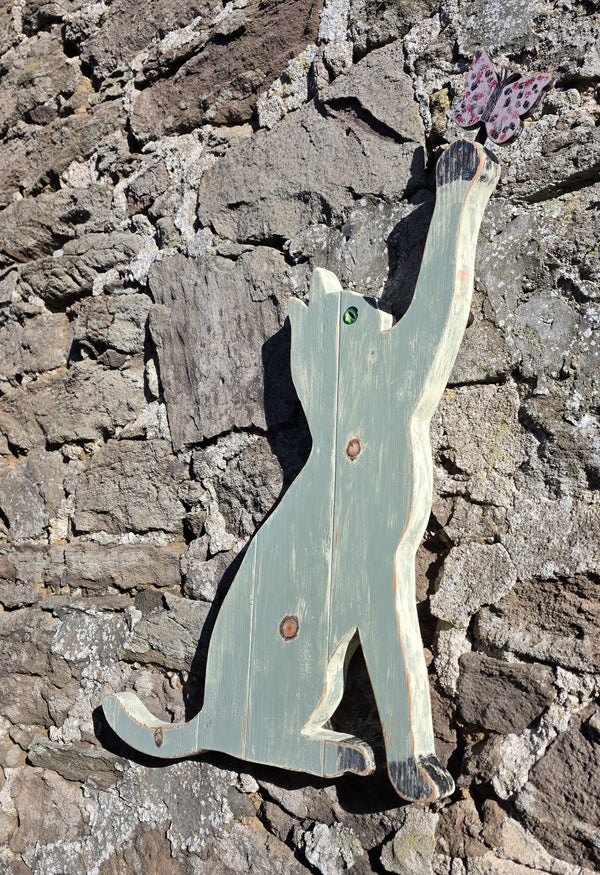 PLAYFUL CAT WITH BUTTERFLY - WOODEN WALL ART