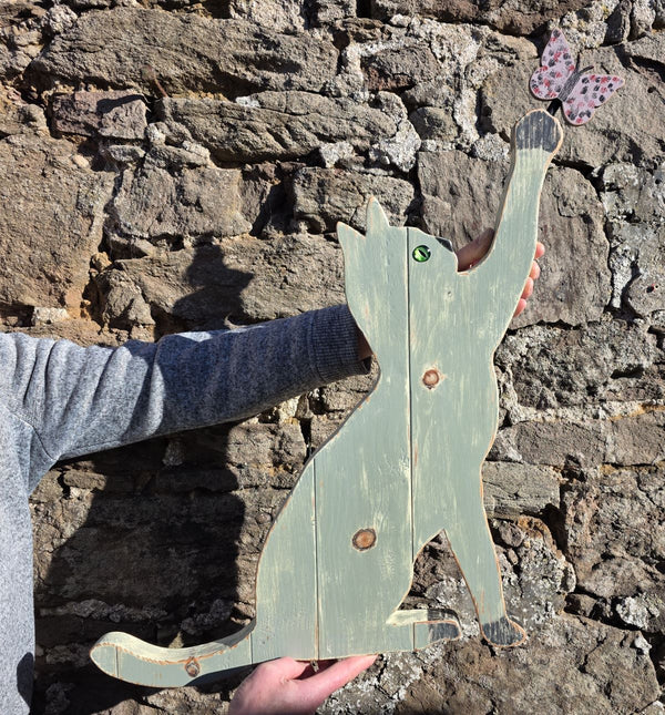 PLAYFUL CAT WITH BUTTERFLY - WOODEN WALL ART