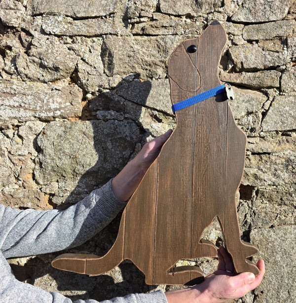 Wooden wall art Labrador Retriever wearing a blue decorative collar being held against a stone wall