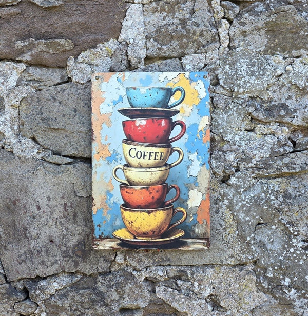 Vintage style metal sign with stacked coffee cups on a stone wall