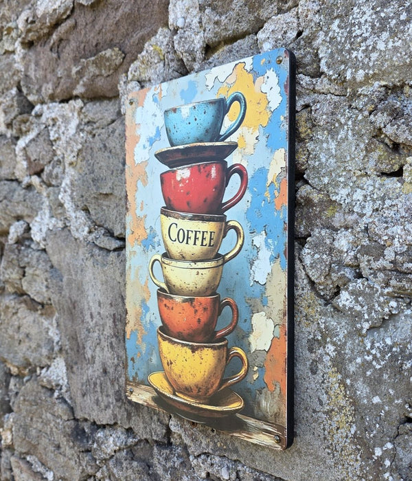 Vintage style metal sign with stacked coffee cups on a stone wall viewed from a different side angle