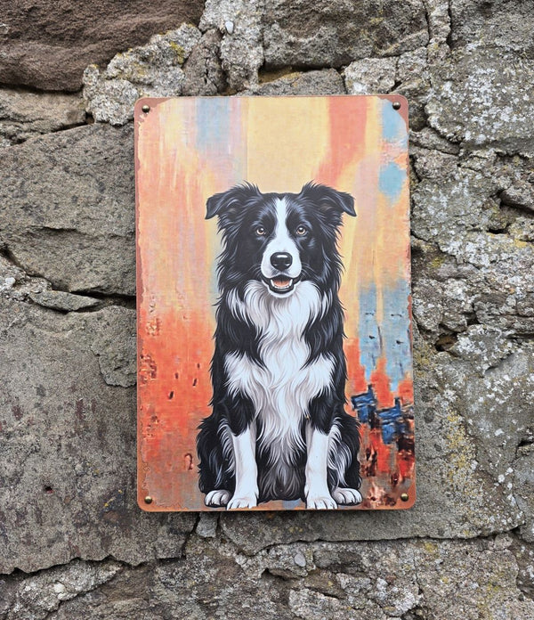 Vintage style metal sign hanging on a stone wall with a picture on it of a Border Collie in a sitting pose