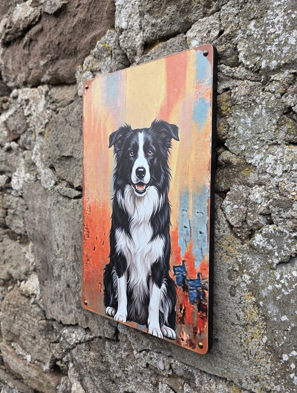 Another side view of a Vintage style metal sign hanging on a stone wall with a picture on it of a Border Collie in a sitting pose