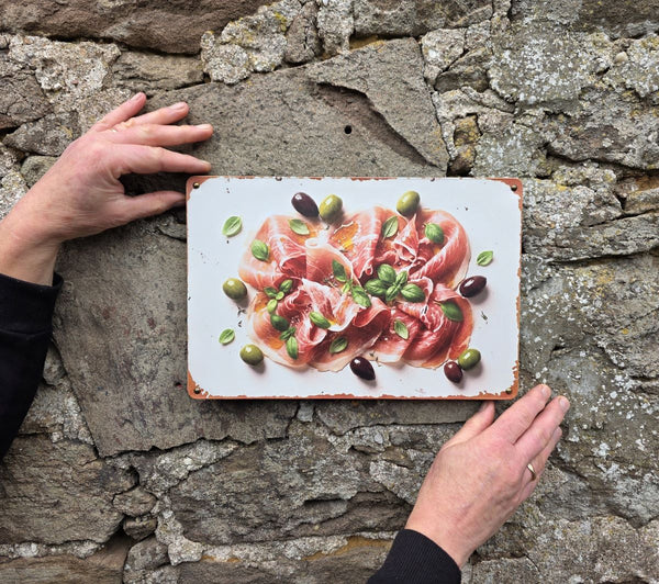 VINTAGE STYLE METAL SIGN (REPRODUCTION) PARMA HAM & OLIVES