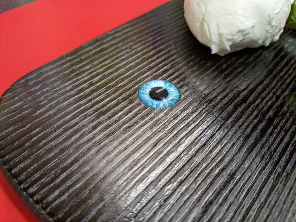 YAKISUGI WHALE STYLE ASH SERVING BOARD showing the glass eye close up & Yakisugi wood grain