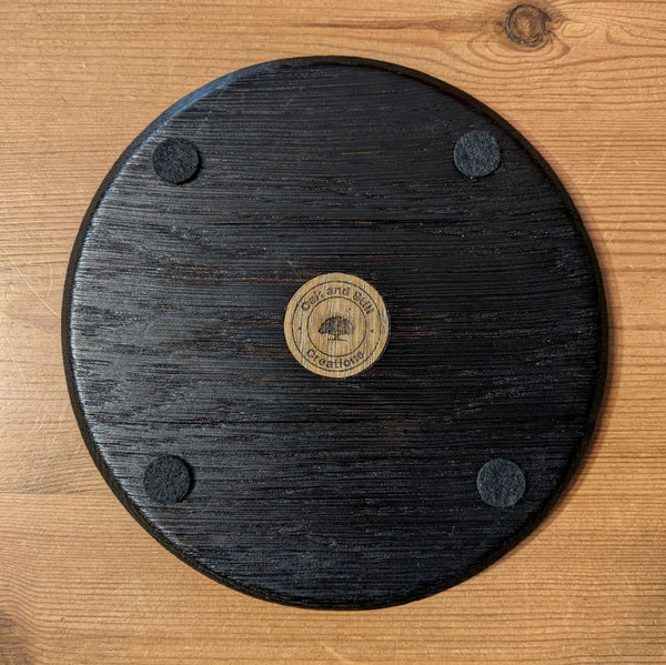 YAKISUGI OAK 'BARREL LID STYLE' DISPLAY PLINTH WITH COPPER OAK LEAF COASTER