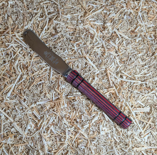BUTTER KNIFE WITH HAND-TURNED QUALITY COLOURED BIRCH PLYWOOD HANDLE