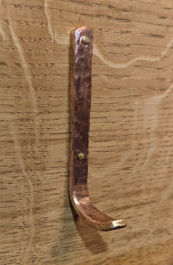 solid copper hook on oak wall hanger