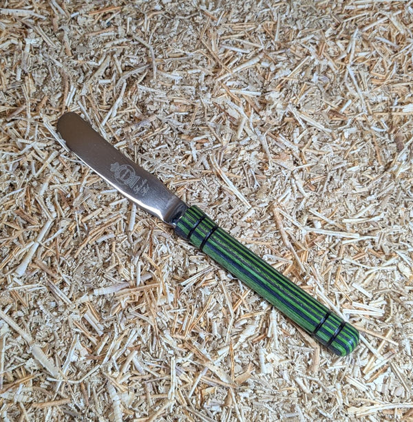 BUTTER KNIFE WITH HAND-TURNED QUALITY COLOURED BIRCH PLYWOOD HANDLE