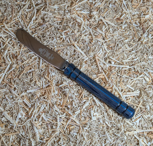 BUTTER KNIFE WITH HAND-TURNED QUALITY COLOURED BIRCH PLYWOOD HANDLE