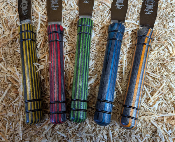 BUTTER KNIFE WITH HAND-TURNED QUALITY COLOURED BIRCH PLYWOOD HANDLE