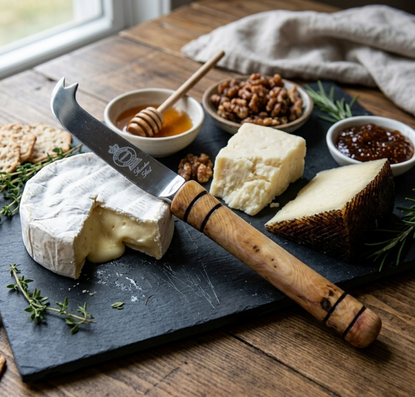 CHEESE KNIFE WITH PIPPY YEW WOOD HANDLE