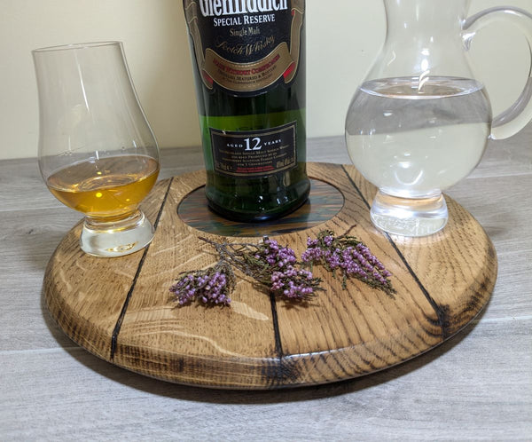 DECORATIVE 'OAK BARREL LID STYLE' DISPLAY PLINTH WITH COPPER FLAME-PAINTED INSERT