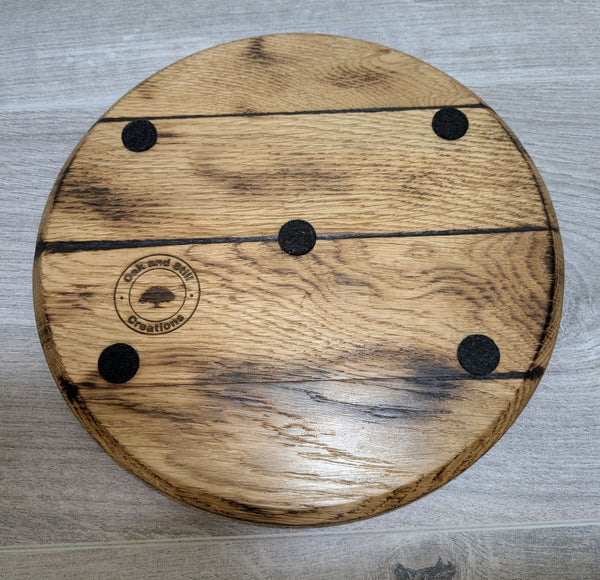 OAK 'BARREL LID STYLE'  BOTTLE DISPLAY PLINTH WITH BRASS INSERT