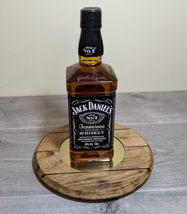 OAK 'BARREL LID STYLE'  BOTTLE DISPLAY PLINTH WITH BRASS INSERT