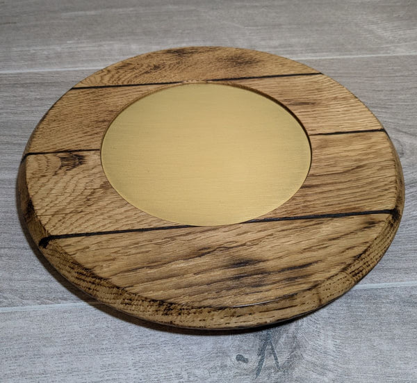 OAK 'BARREL LID STYLE'  BOTTLE DISPLAY PLINTH WITH BRASS INSERT