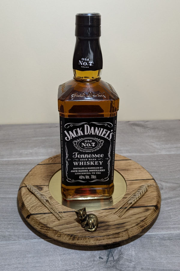 OAK 'BARREL LID STYLE'  BOTTLE DISPLAY PLINTH WITH BRASS INSERT