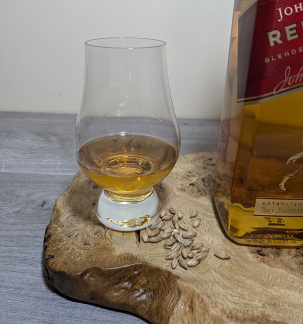 oak burr cat's paw display plinth and whisky glass
