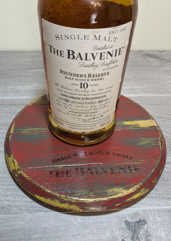 decorative oak barrel lid display plinth with whisky bottle